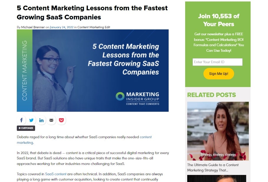 Example of one of MIG's content experiments to engage new customers in the SaaS space.