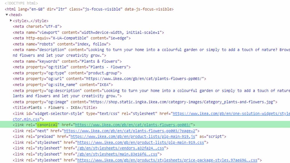 screenshot shows example of how to canonicalize duplicate pages