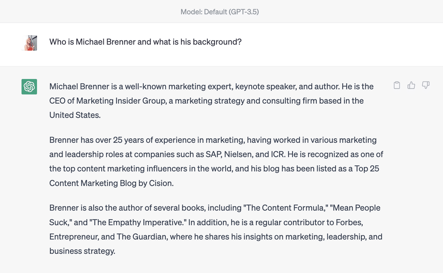 screenshot shows AI’s response to question asking for content marketing expert’s background