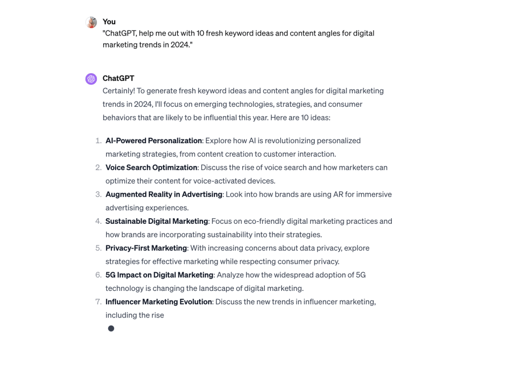 screenshot shows response from ChatGPT when using keyword research prompt