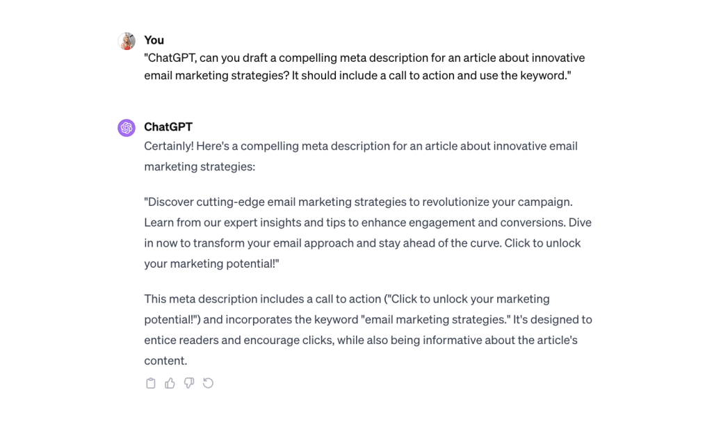 screenshot shows response from ChatGPT when using meta descriptions prompt
